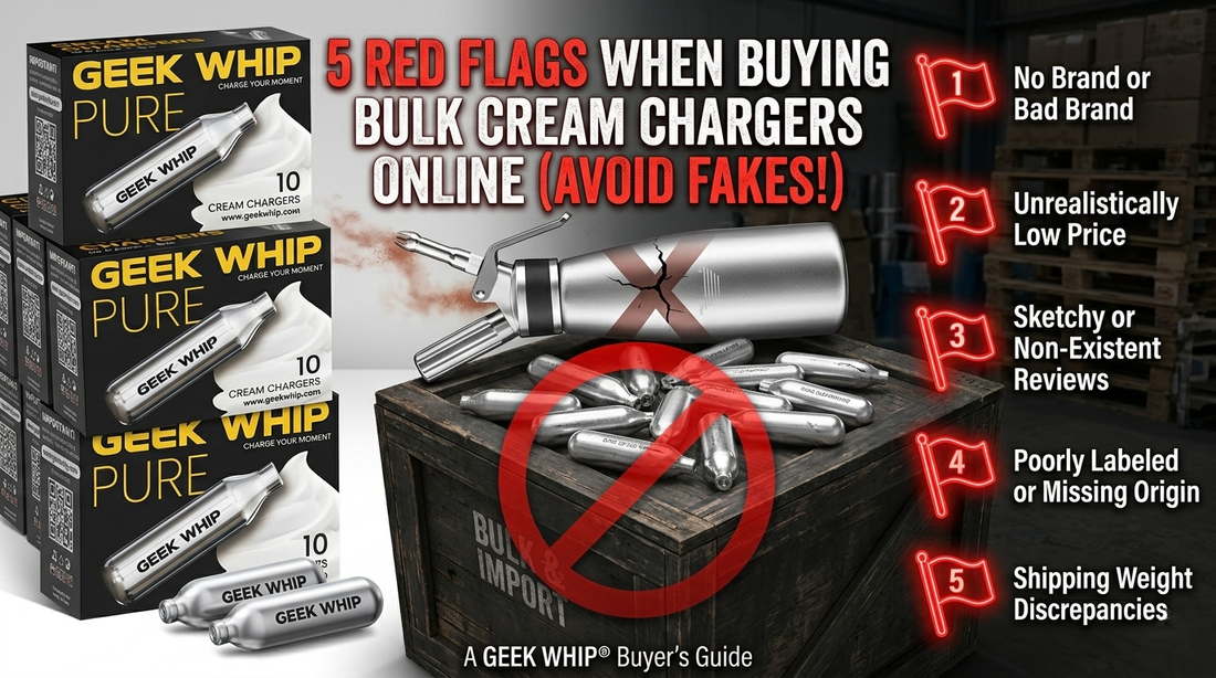 A warning icon overlaying a stack of generic, unlabeled cream chargers, illustrating the risks of buying unverified bulk N2O supplies from unreliable online sources.