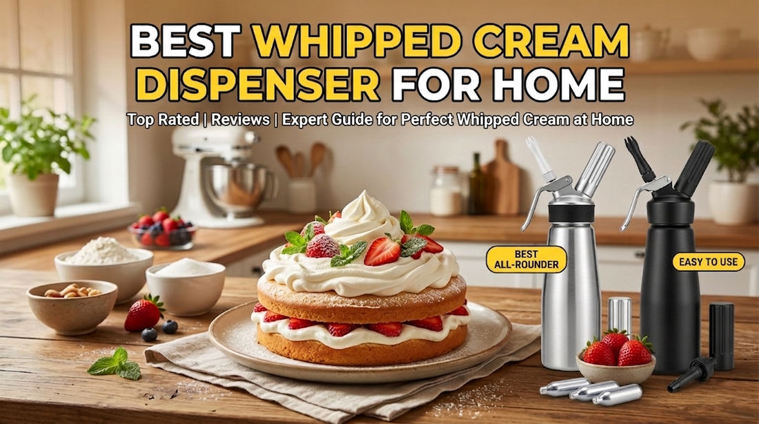 Best whipped cream dispenser for home. A silver and a black professional cream whipper next to a strawberry layer cake. Top rated expert guide for home chefs.