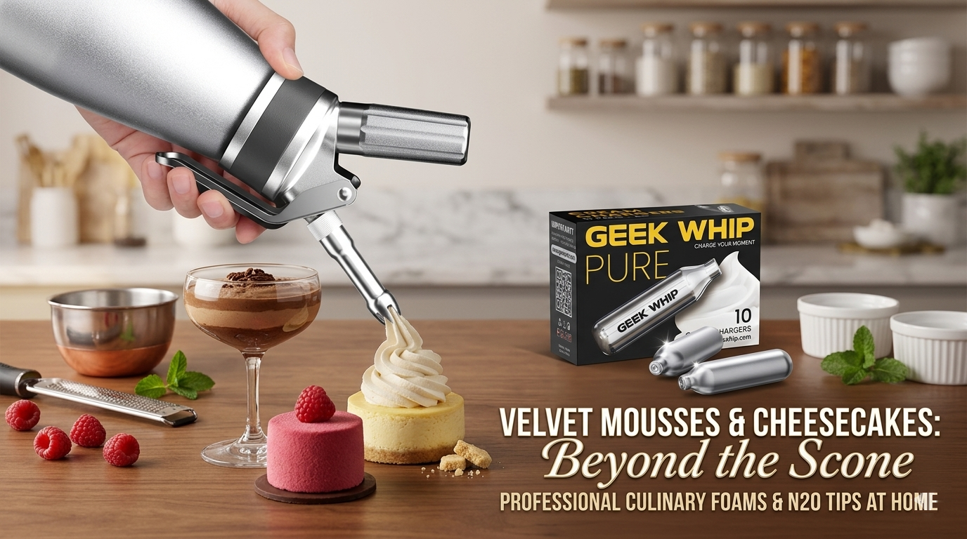 A hand dispenses mousse onto a mini cheesecake with a cream whipper. Nearby are a Geek Whip charger box, loose chargers, a mousse glass, raspberries, and white text. Gold text reads, "VELVET MOUSSES & CHEESECAKES: Beyond the Scone.