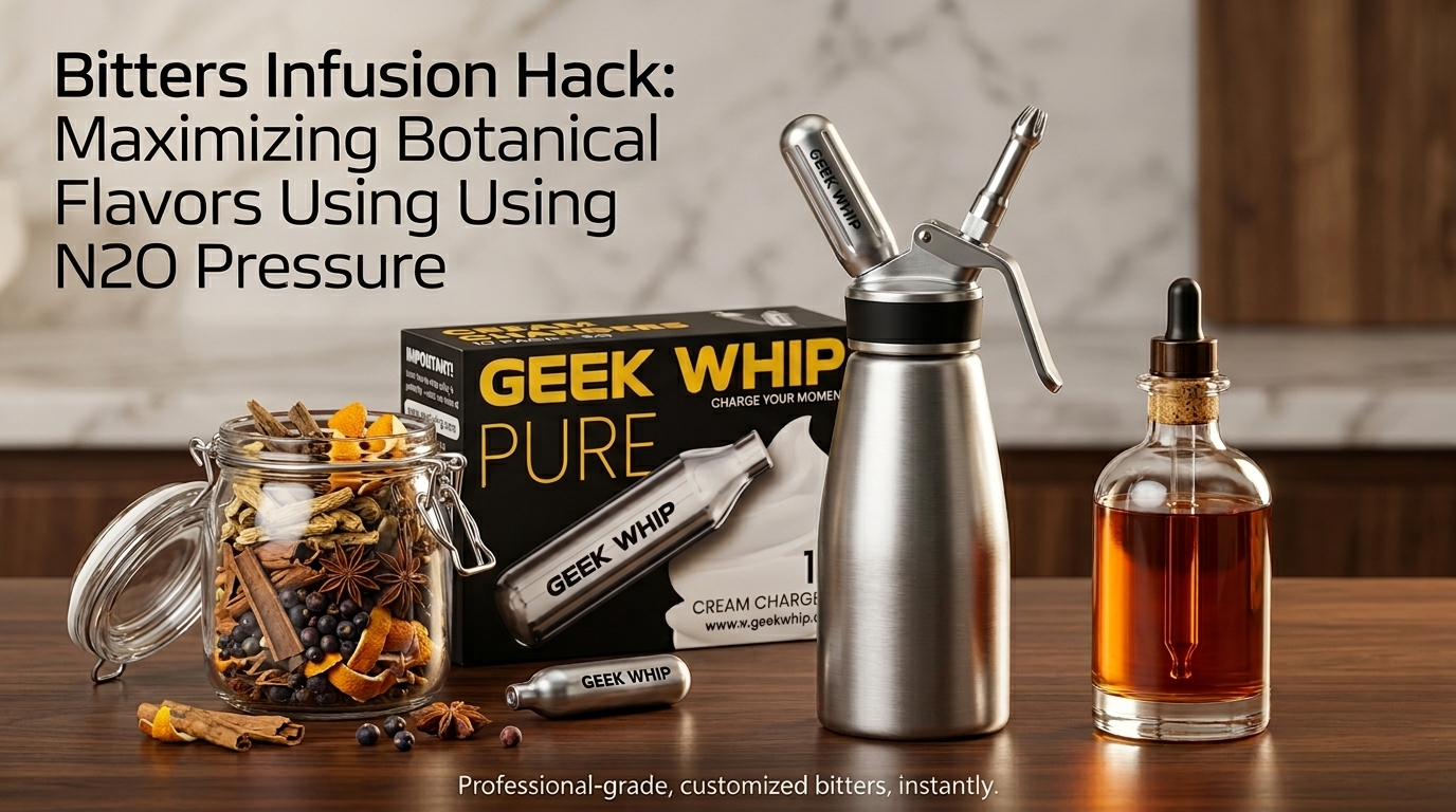 A collection of botanicals like cinnamon and orange peel being rapidly infused into spirits using a stainless steel N2O siphon.