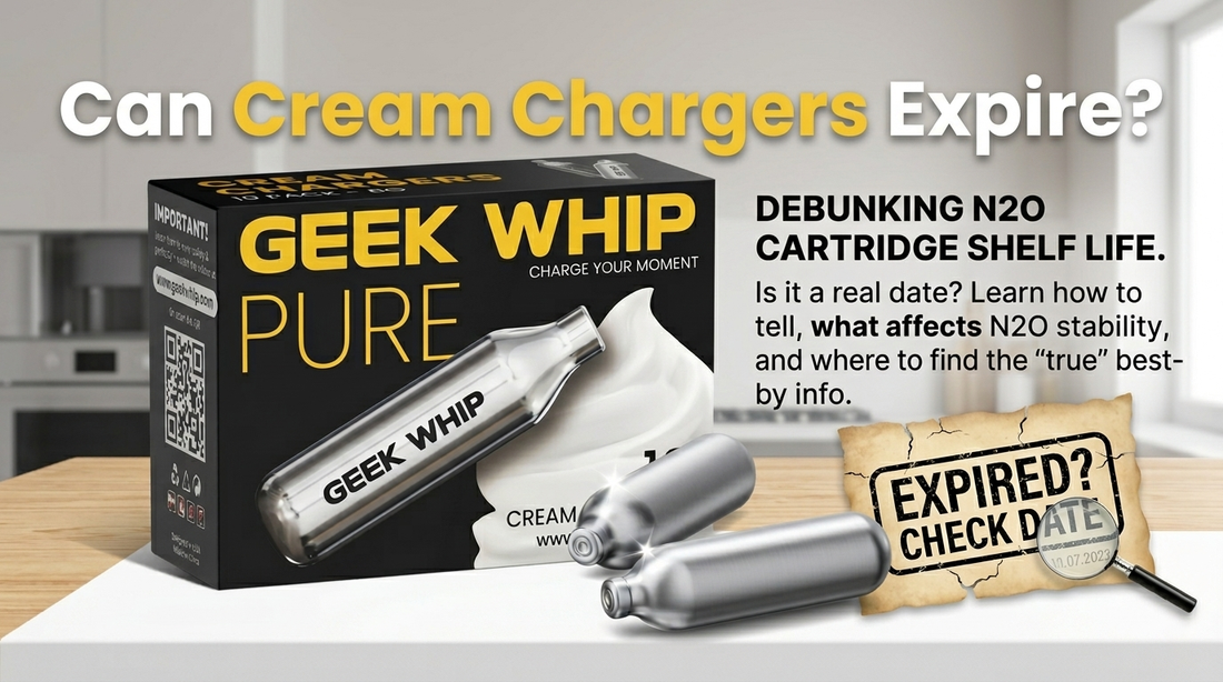 A product box of GEEK WHIP PURE N2O cartridges and individual cartridges on a kitchen counter, with a large text overlay at the top and to the side about checking the expiration date.