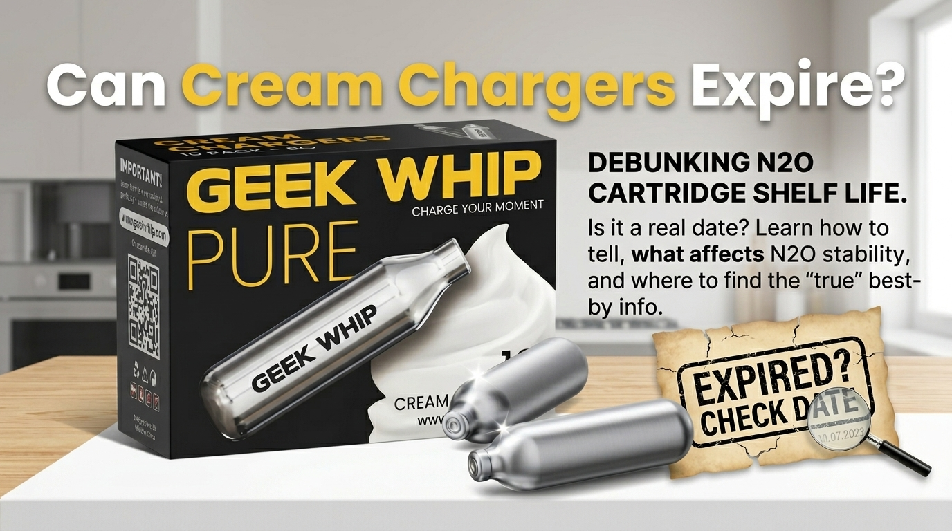 A product box of GEEK WHIP PURE N2O cartridges and individual cartridges on a kitchen counter, with a large text overlay at the top and to the side about checking the expiration date.
