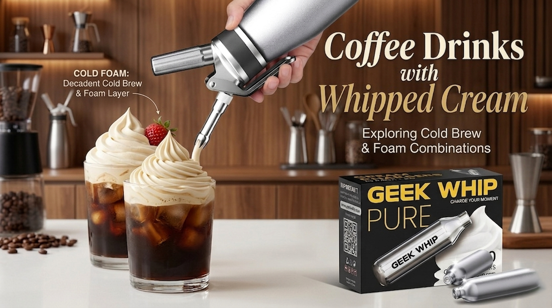 A blog banner with coffee, cream dispenser, a box of GEEK WHIP PURE N2O chargers, and several single chargers on a kitchen counter.