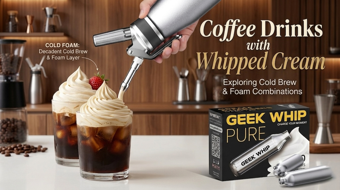 A blog banner with coffee, cream dispenser, a box of GEEK WHIP PURE N2O chargers, and several single chargers on a kitchen counter.