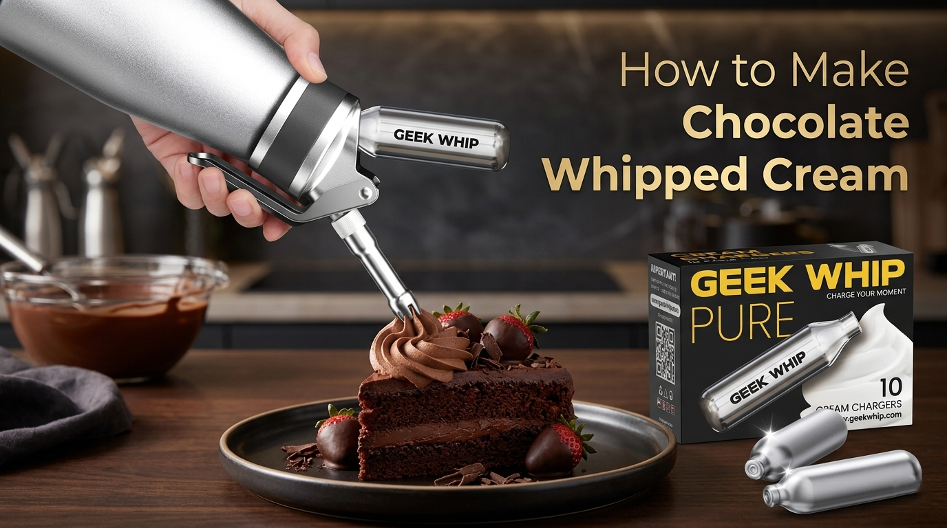 Cream whipper dispensing chocolate cream on cake with Geek Whip chargers nearby.