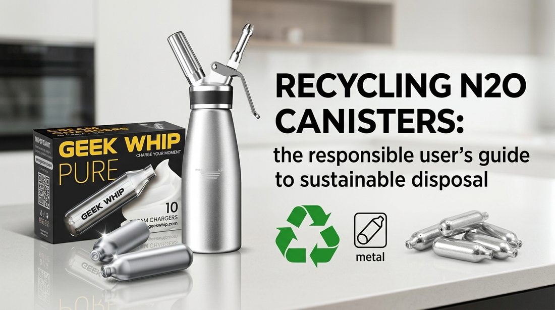 A collection of empty silver steel N2O cream chargers placed inside a green recycling bin to demonstrate responsible and sustainable disposal for eco-friendly culinary enthusiasts.