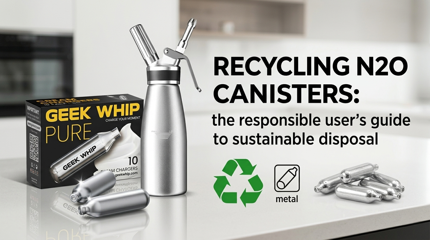 A collection of empty silver steel N2O cream chargers placed inside a green recycling bin to demonstrate responsible and sustainable disposal for eco-friendly culinary enthusiasts.