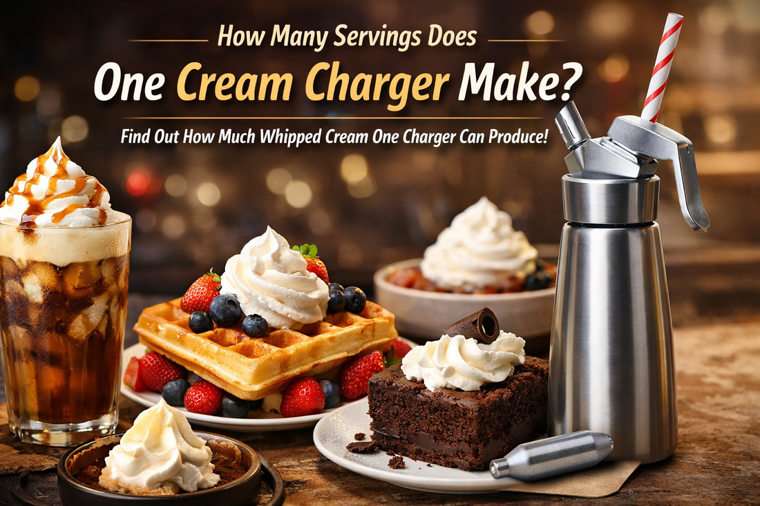 Whipped cream dispenser and cream charger making whipped cream desserts including waffles, coffee and cake