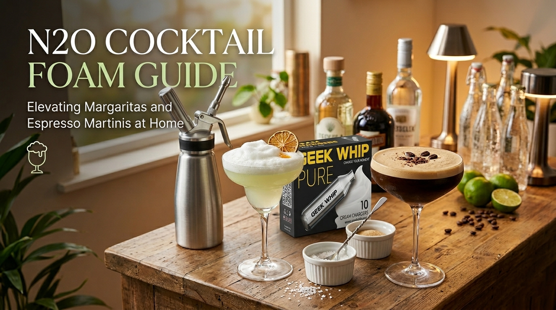 A stylish cocktail set with foaming drinks, a cream siphon, 'Geek Whip' chargers, and spirits on a rustic table.