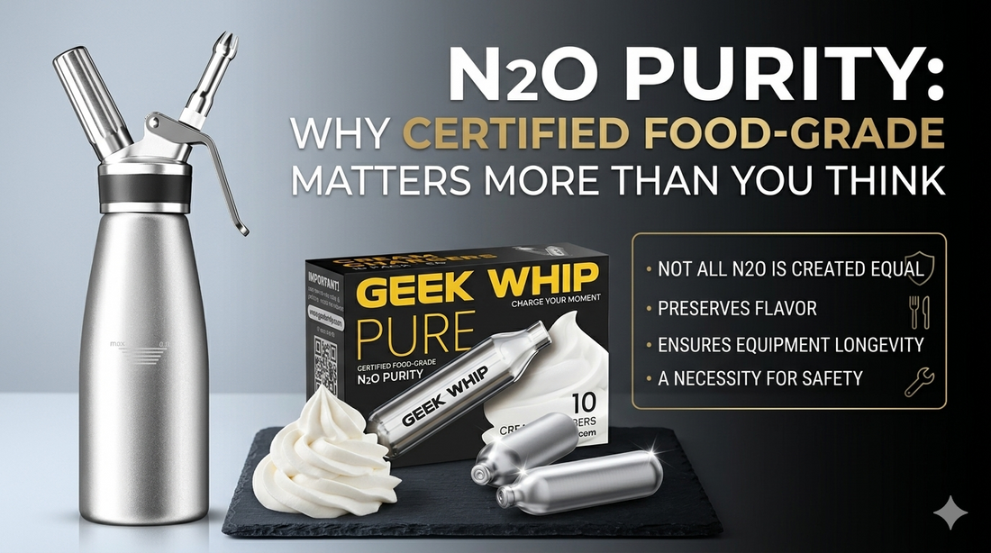 A comparison of a clean culinary siphon versus one with oily residue from low-quality N2O chargers, highlighting the importance of certified food-grade gas.