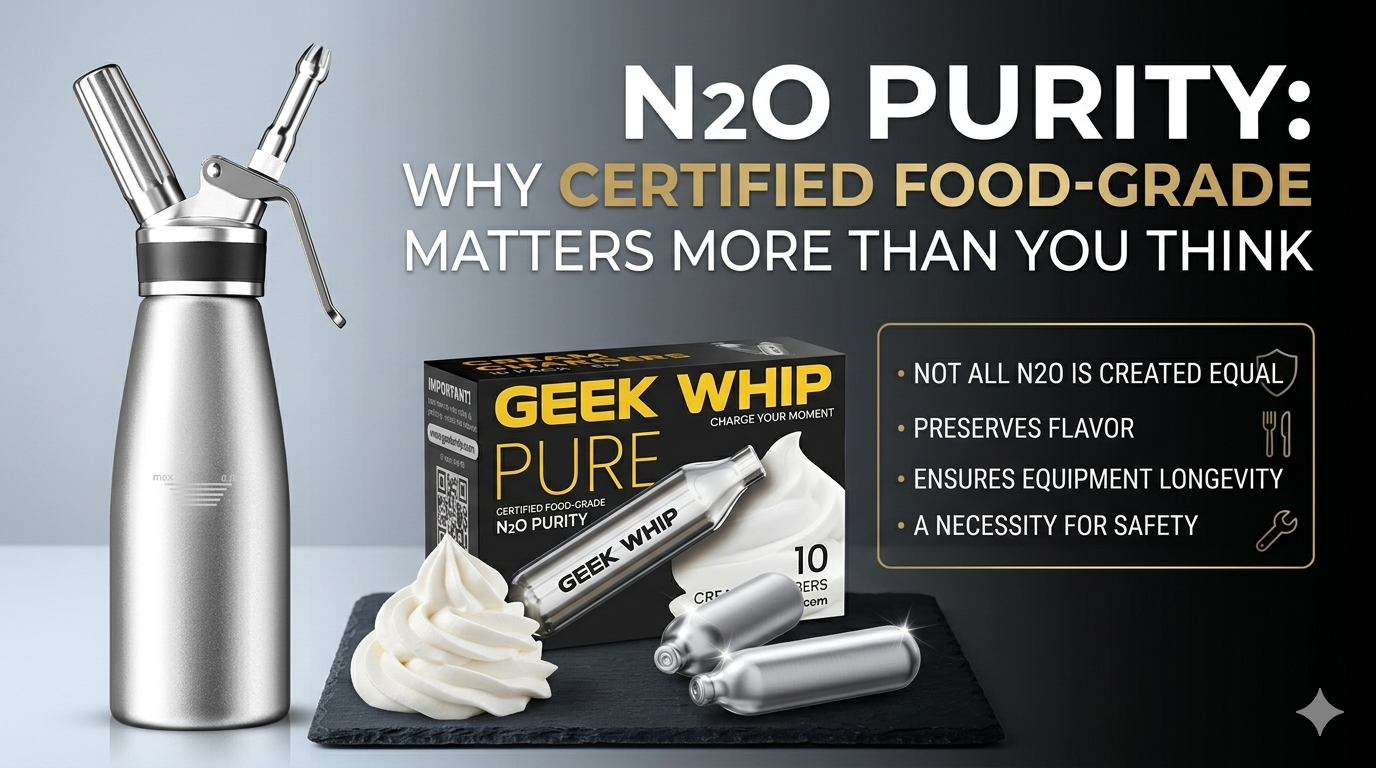 A comparison of a clean culinary siphon versus one with oily residue from low-quality N2O chargers, highlighting the importance of certified food-grade gas.