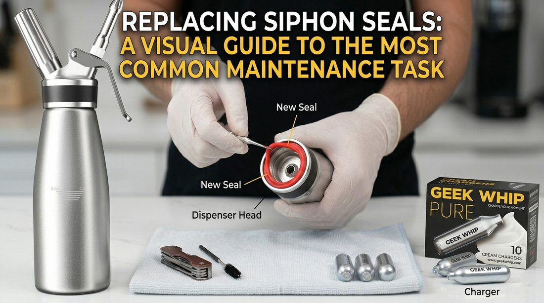 A detailed close-up of a hand replacing a white silicone gasket inside a stainless steel siphon head to ensure an airtight seal for N2O gas pressure.
