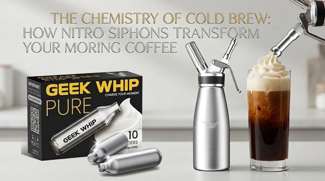 A tall glass being filled with frothy, cascading nitro cold brew coffee directly from a matte black stainless steel whipping siphon, showcasing a thick, creamy head of foam.