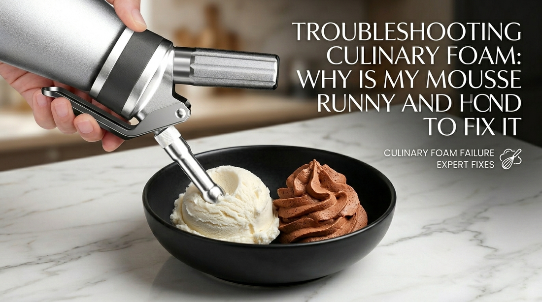 A chef comparing a runny liquid mousse to a perfectly stable, peaked culinary foam from a professional stainless steel whipping siphon.