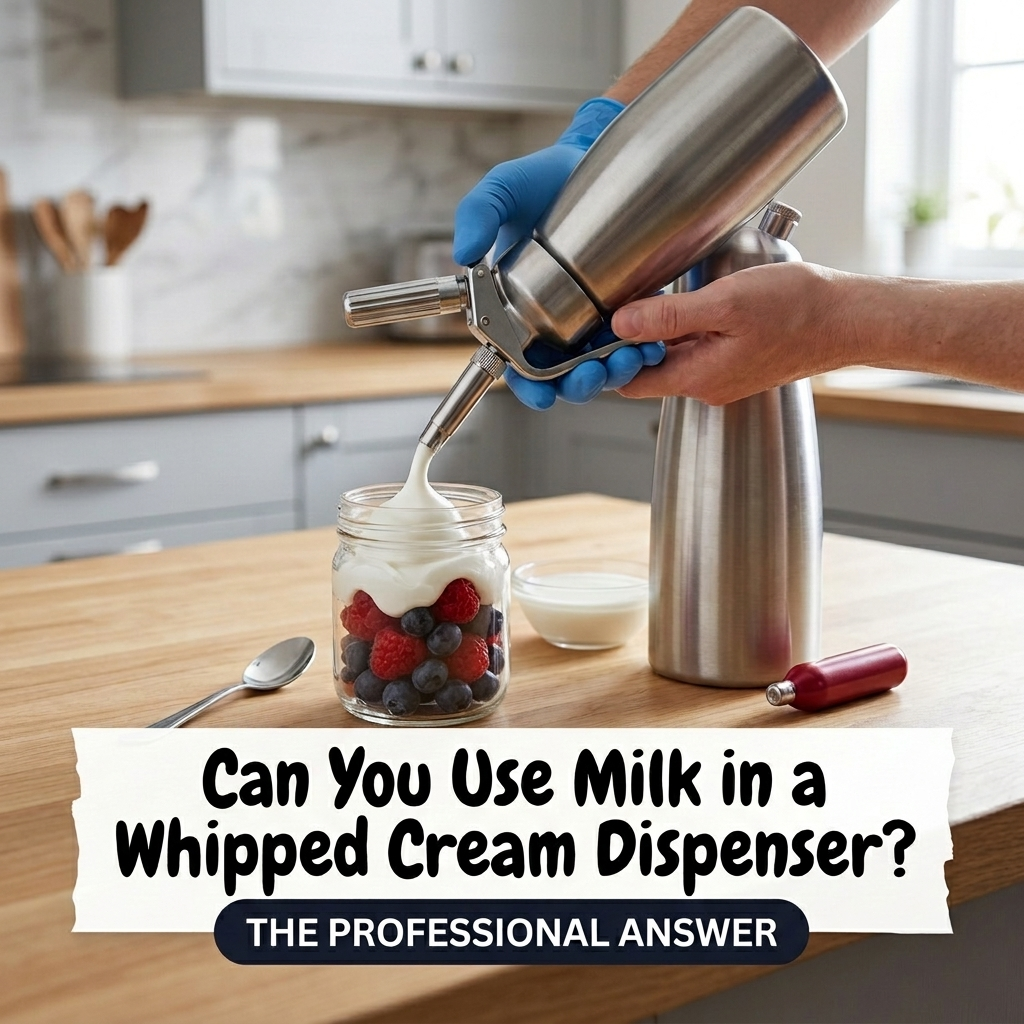 Whipped cream dispenser adding cream to blueberries. Can You Use Milk in a Whipped Cream Dispenser?