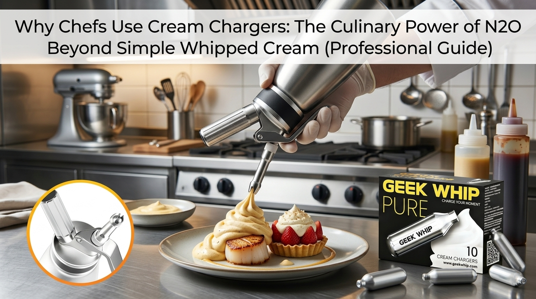 Professional chef using a GEEK WHIP cream siphon and N2O cartridges to plate a gourmet meal in a restaurant kitchen.