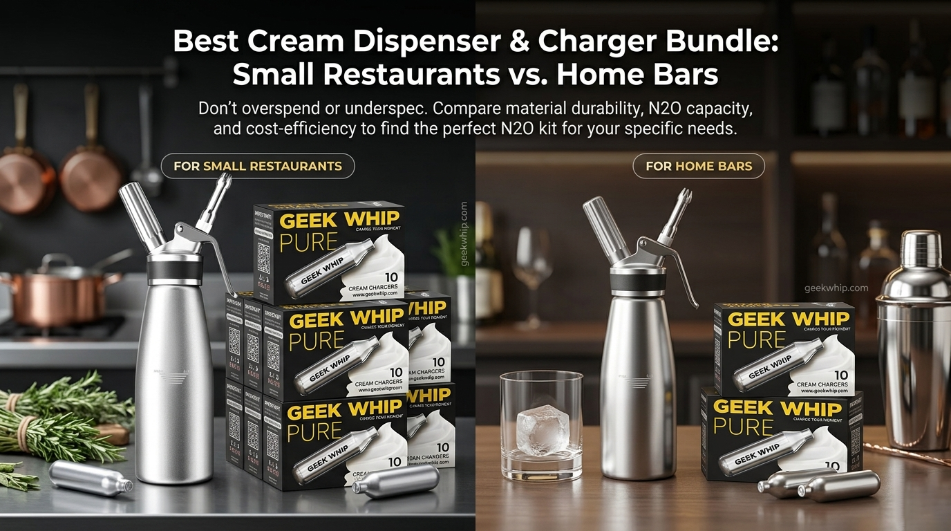 Comparison of professional stainless steel cream dispensers for restaurants alongside compact aluminum siphons for home bar use with N2O charger bundles.