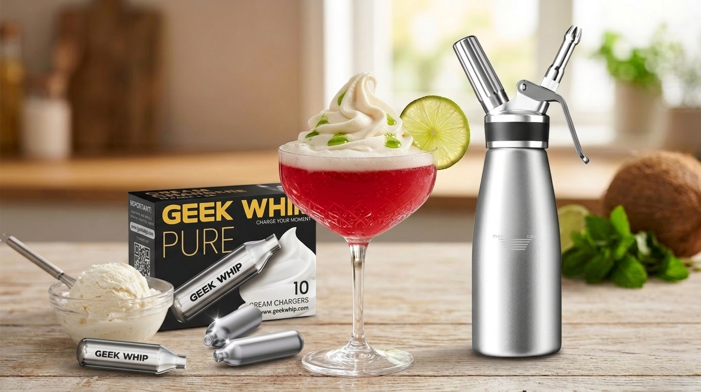 A vibrant tropical mocktail topped with thick, velvety coconut culinary foam created using an N2O dispenser for professional-grade texture and presentation.
