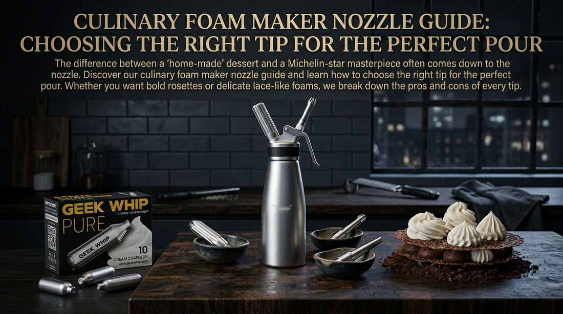 A set of three different culinary foam maker nozzles—tulip, star, and straight tips—next to professionally plated dessert foams on a marble surface.