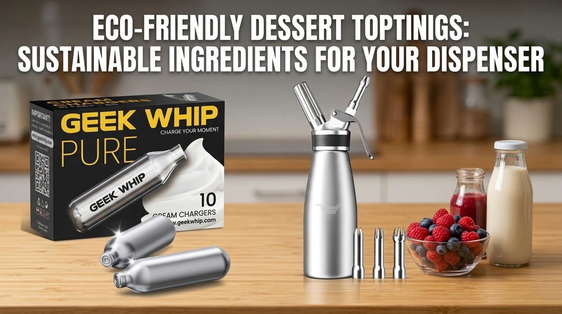 A sustainable dessert topped with airy, plant-based coconut foam dispensed from a professional stainless steel siphon, garnished with organic berries on a rustic wooden table.