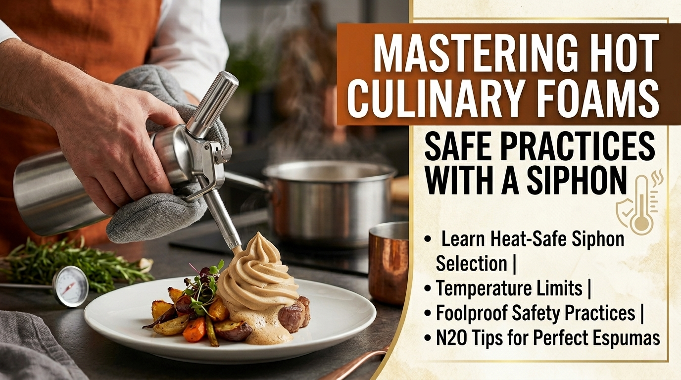 An over-the-shoulder shot of a chef using a professional stainless steel siphon with a heat-protective glove to dispense a thick, gourmet hot foam onto a plated savory dish.