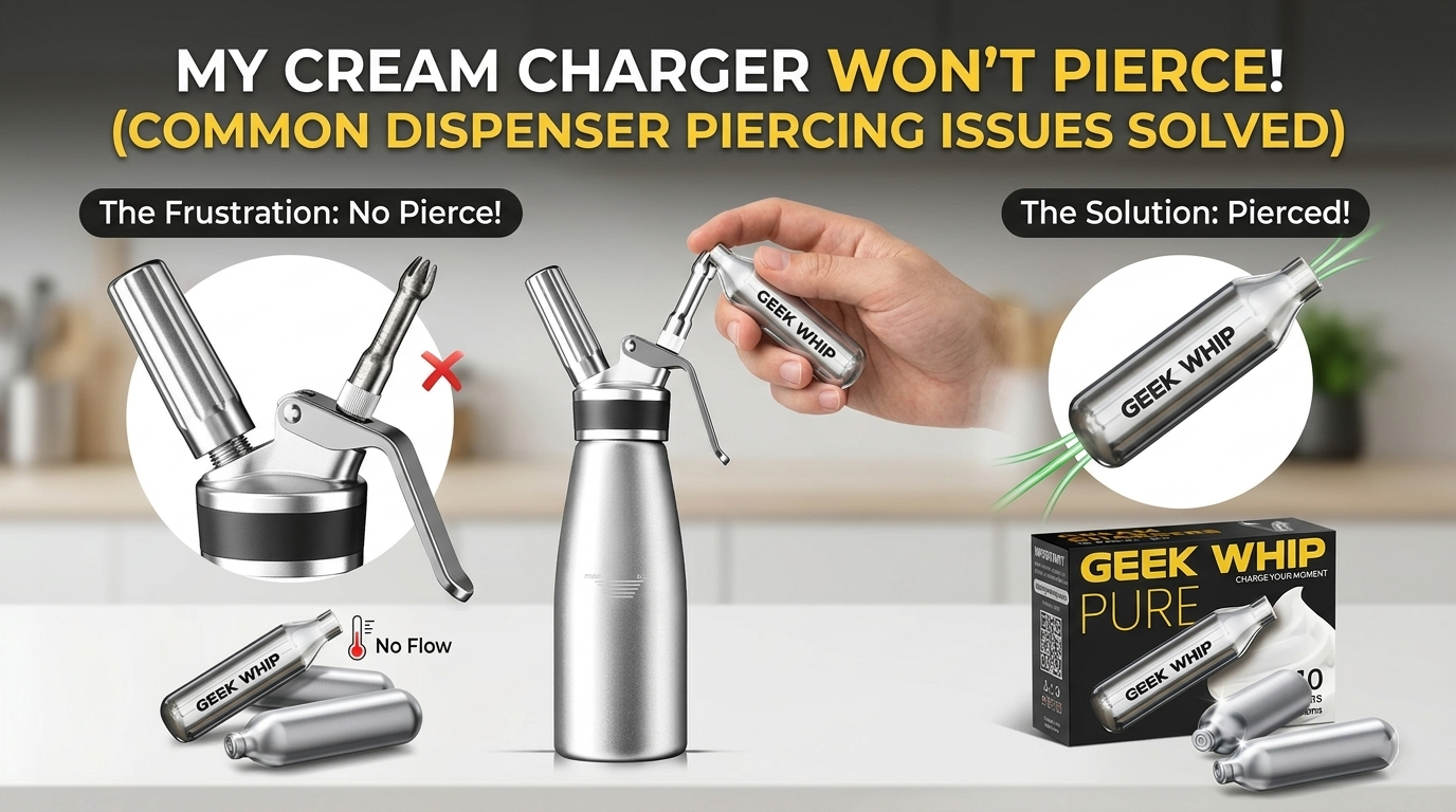 A close-up view of a stainless steel siphon head showing the internal metal puncture pin and the rubber seal responsible for piercing N2O cream chargers.