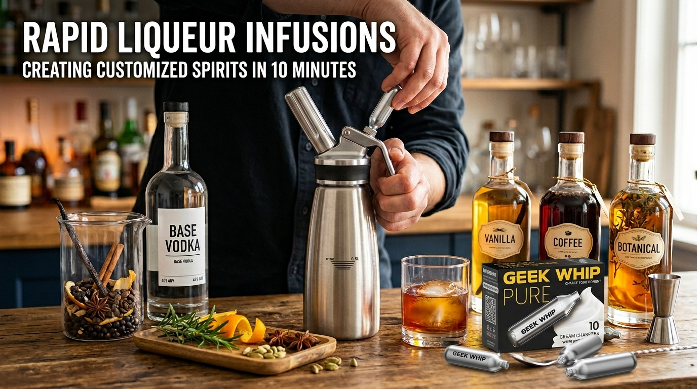Custom vanilla liqueur made in minutes using a culinary siphon and N2O chargers for rapid infusion at home.