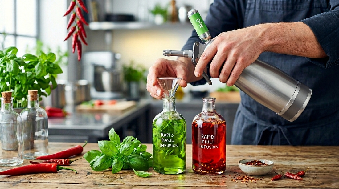 Chef using a stainless steel cream whipper to create rapid basil and chili infused oils in a professional kitchen setting.