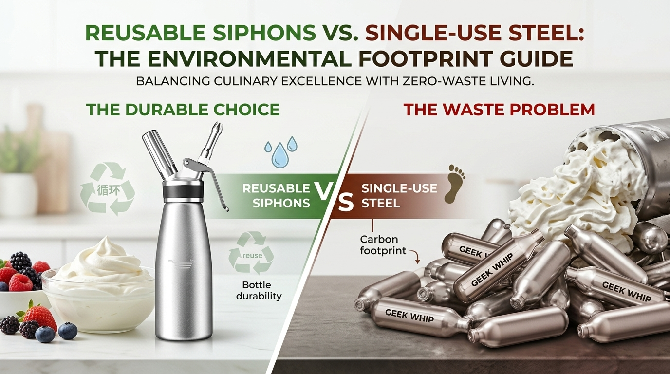 A high-quality stainless steel reusable siphon standing next to a pile of empty, recyclable steel N2O canisters to illustrate the product's environmental life cycle.