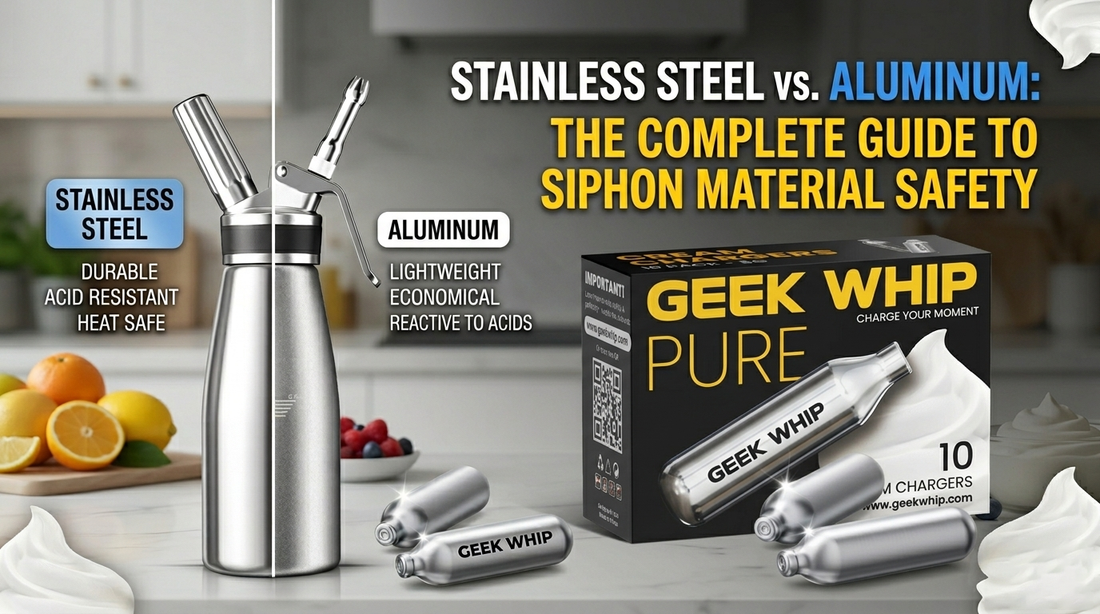 A side-by-side comparison of a brushed stainless steel culinary siphon and a polished aluminum dispenser, showcasing the different textures and head constructions.