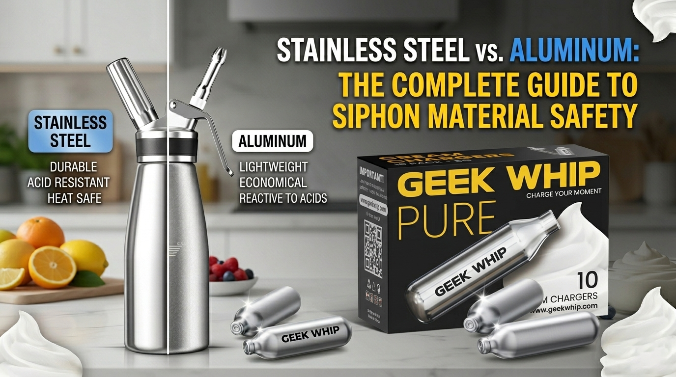 A side-by-side comparison of a brushed stainless steel culinary siphon and a polished aluminum dispenser, showcasing the different textures and head constructions.
