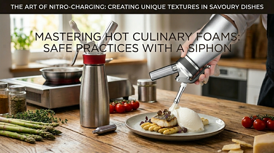 A professional photo of a "Geek Whip Pure" cream charger box, loose N2O canisters, and a chef using a siphon on a fancy savory dish.