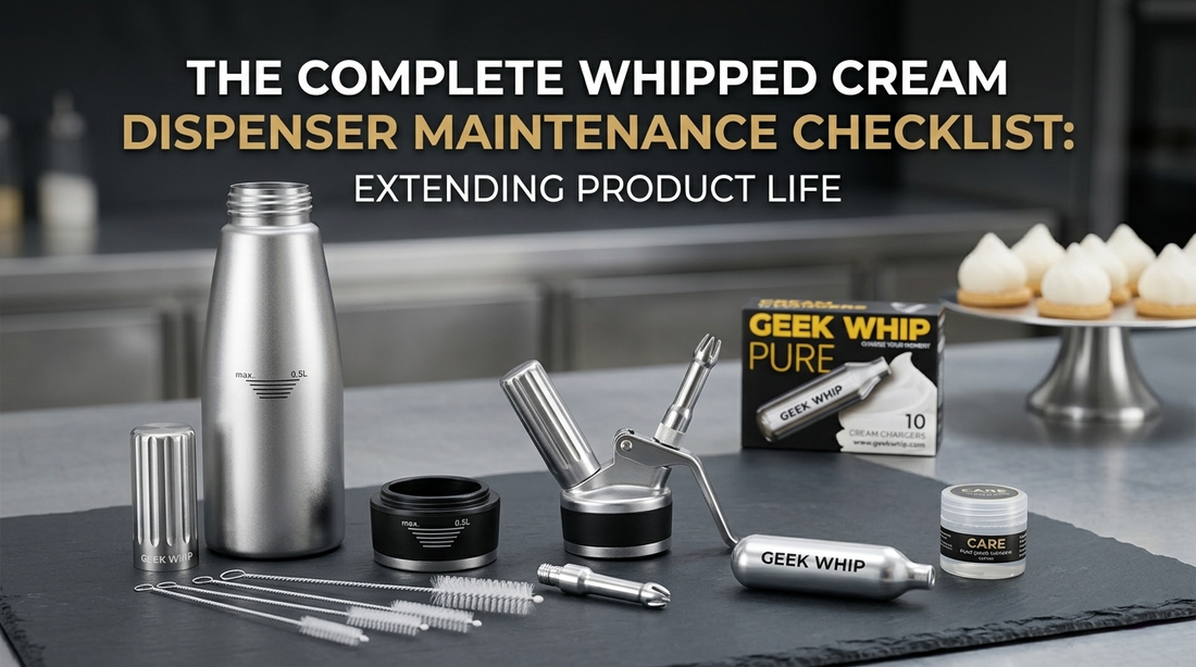 A maintenance kit featuring a cleaning brush, replacement silicone gaskets, and a disassembled stainless steel siphon head on a clean kitchen towel.