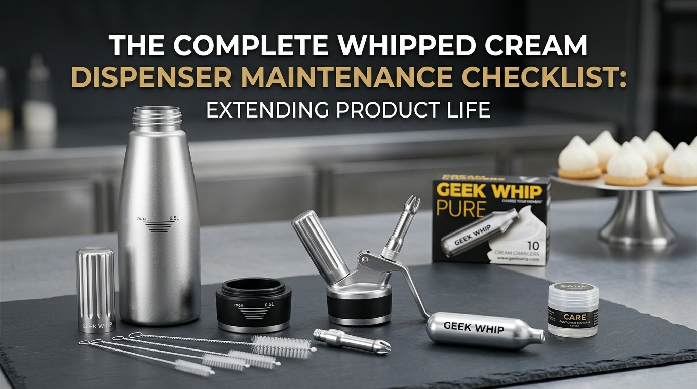A maintenance kit featuring a cleaning brush, replacement silicone gaskets, and a disassembled stainless steel siphon head on a clean kitchen towel.