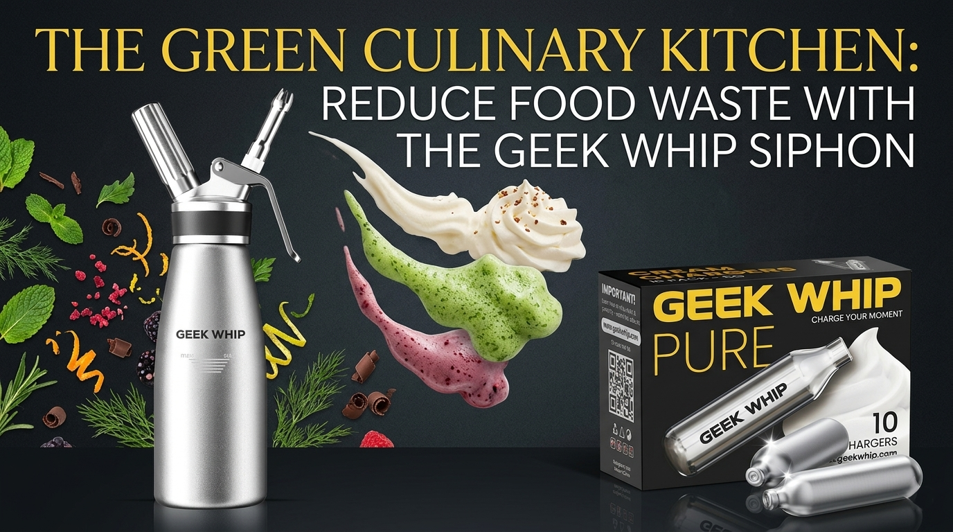 A professional chef using a stainless steel culinary siphon to precisely dispense a vibrant, upcycled vegetable foam onto a gourmet dish in a modern zero-waste restaurant kitchen.