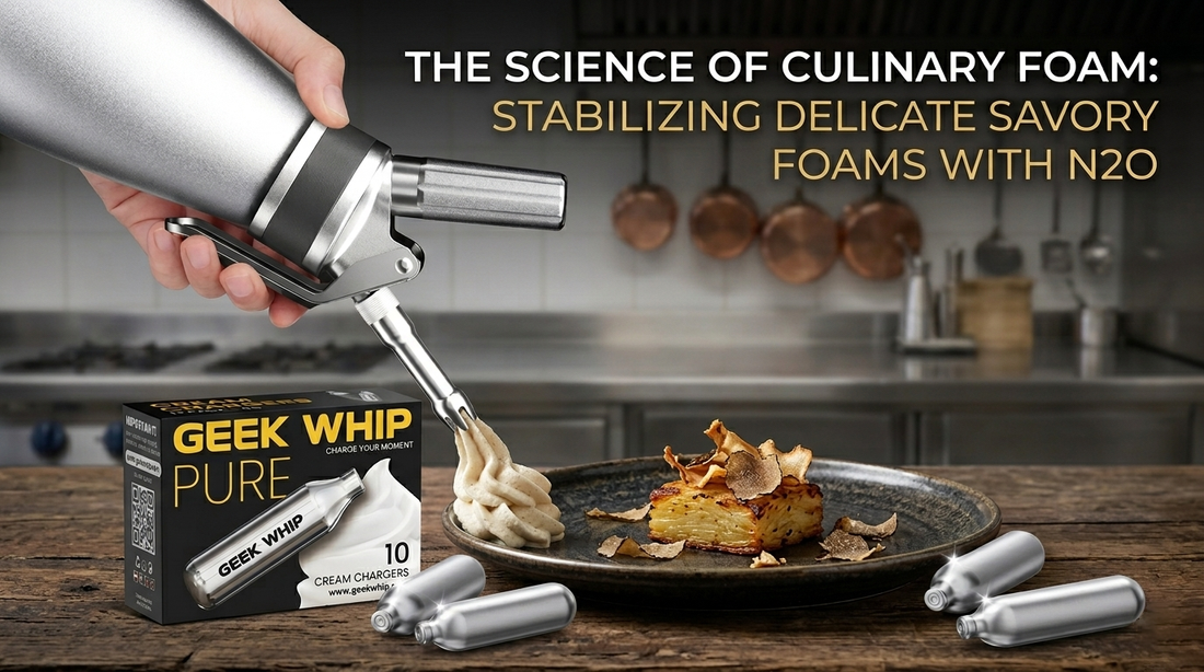 Cream whipper piping foam on truffle potato. Geek Whip chargers and text nearby.