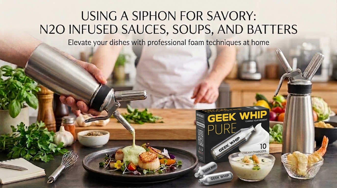 Professional chef using a culinary siphon to dispense N2O infused savory sauce onto a gourmet dish, featuring Geek Whip chargers and a variety of foams, soups, and light batters.